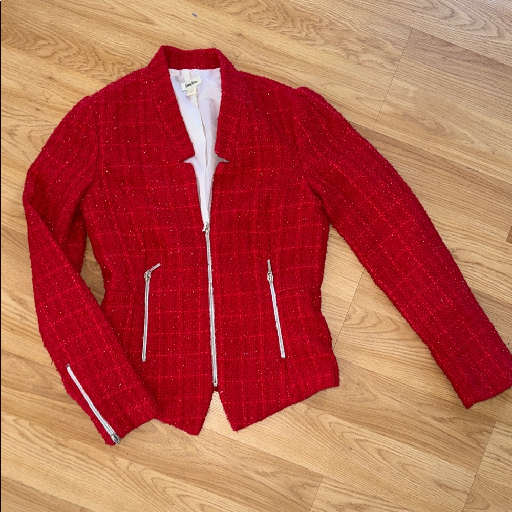 Vintage Neiman Marcus Red Tweed Jacket with Zipper Details Size XS